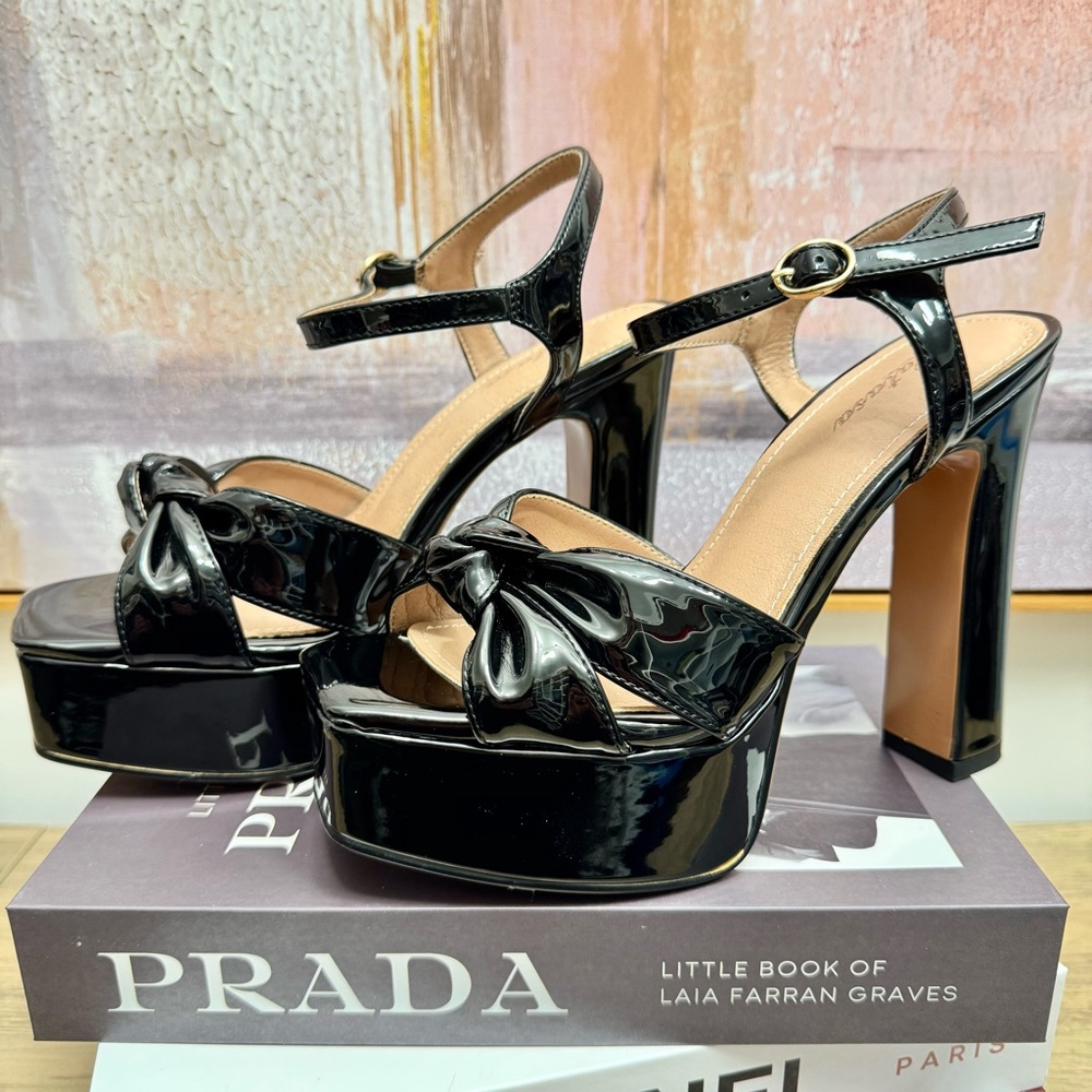 ❤️ NEW 7.5 Black Patent Platform Sandals Heels Chunky Bow Summer Wedding Strappy - Picture 5 of 9